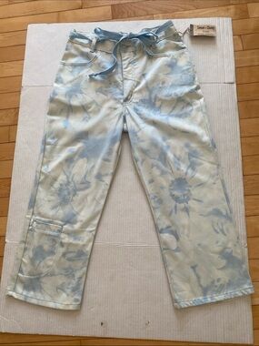 Simon Chang Blue & White Floral TieDye Straight Cropped High Waisted Pants Sze 6